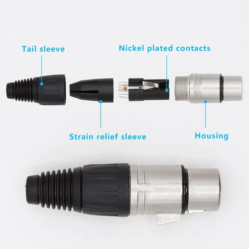Vista 3 de Conector de cable XLR de 4 pines XLR de 4 pines hembra Conector de conector de cable de micrófono Adaptador de audio para micrófono, negro+plata