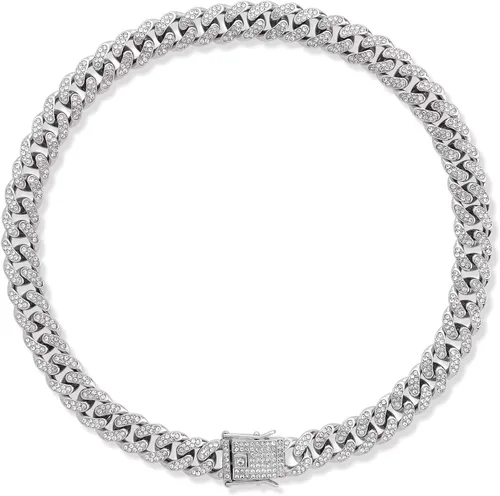 Vista 11 de Collar para perro de WimuPath con diamante verde enchapado en plata - Cadena de metal estilo cubano con hebilla de seguridad, collar lujoso