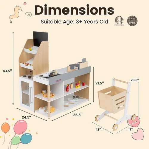 Vista 6 de Costzon Juego de simulación para tienda de comestibles, tienda de juegos de madera, juego de supermercado para niños pequeños con caja registradora