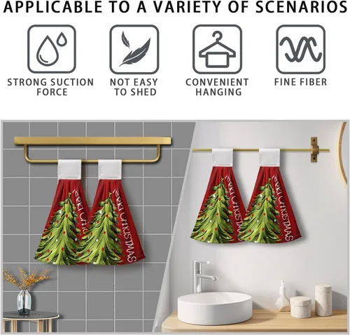 Vista 4 de Toallas de cocina colgantes con diseño de árbol de Navidad, color rojo y verde, toalla de mano de Navidad con lazo para colgar, toallas de cocina