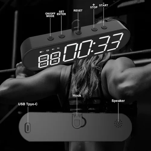 Vista 5 de Temporizador portátil de gimnasio, imán recargable por USB, reloj de entrenamiento con intervalo de exhibición grande, cronómetro con zumbador