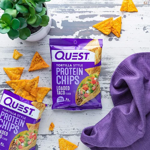 Vista 4 de Quest Nutrition Chips de proteína estilo tortilla, tacos cargados, bajos en carbohidratos, sin gluten, horneados, 1.1 onzas y galletas de proteína