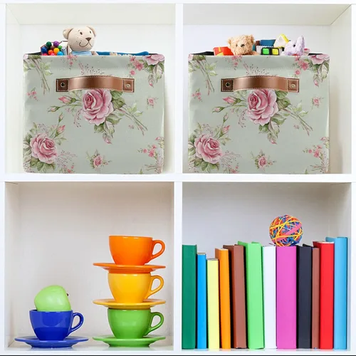 Vista 7 de Cubo de almacenamiento plegable con patrón de rosas y flores florales para niños y mujeres, organizador comprimible con asa, cesta de almacenamiento