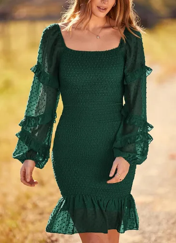 Vista 3 de PRETTYGARDEN Vestido corto ajustado fruncido para mujer, manga larga, cuello cuadrado, lunares suizos, volantes, vestido elegante de sirena