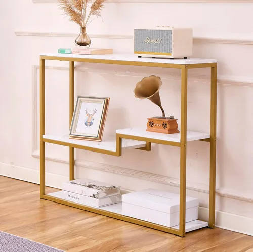 Vista 4 de loglus Mesa consola para entrada, Mesa de sofá de MDF de mármol sintético con marco dorado (Multicapa, Mármol Blanco)