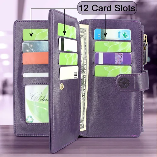 Vista 4 de Harryshell Funda de cuero desmontable con cremallera magnética con bolsillo para monedas, 12 ranuras para tarjetas, correa de muñeca para Samsung