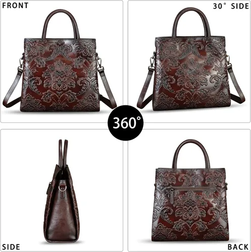 Vista 2 de Bolso de cuero genuino para mujer, bolso de cuero en relieve, bolso de mano con asa superior, bolso cruzado