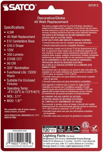 Vista 3 de Satco Bombilla LED 21812-4.5G16.5/LED/WH/927/120V/E12/2 Globe (S21812) G16 5 Globe