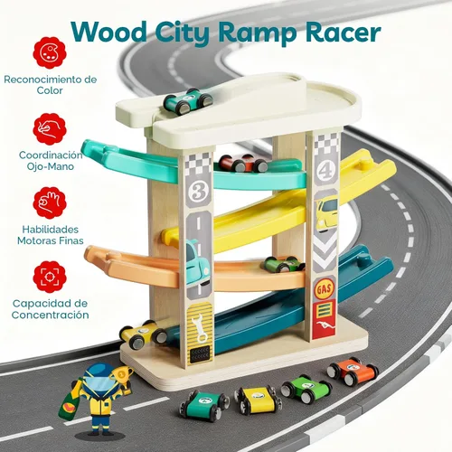 Vista 6 de TOP Bright Juguetes de rampa de madera para niños pequeños de 1 a 2 años de edad, habilidades motoras, pistas de carreras, rampa de automóvil