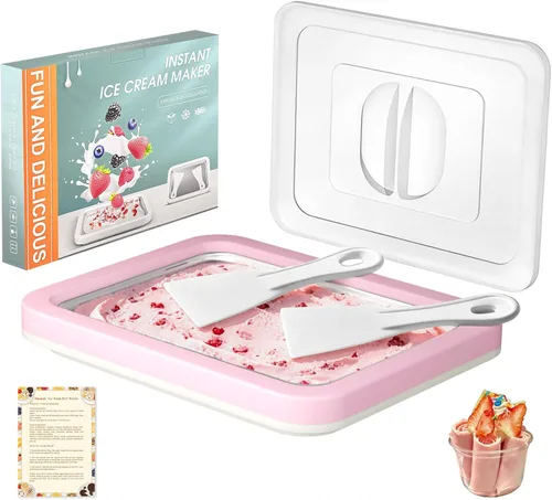 Vista 12 de Kit para hacer helados enrollados con tapa, 2 espátulas y guía de recetas - Bandeja de congelación instantánea para helado casero, actividades Verde
