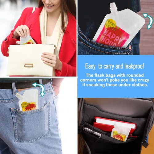Vista 5 de 6 bolsas de bebidas para adultos, botellas de plástico, reutilizables, desechables, con embudo (8 onzas)