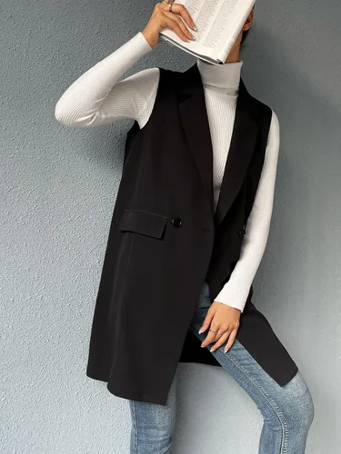 Vista 4 de SheIn Chaleco largo con doble botonadura frontal abierta para mujer sin mangas largo para exteriores con bolsillos