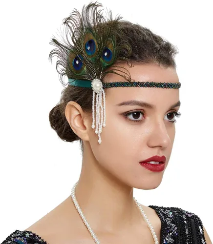 Vista 23 de Roaring 20s Great Gatsby - Diadema estilo flapper para mujer, estilo Art Deco de los años 20, con plumas A azul