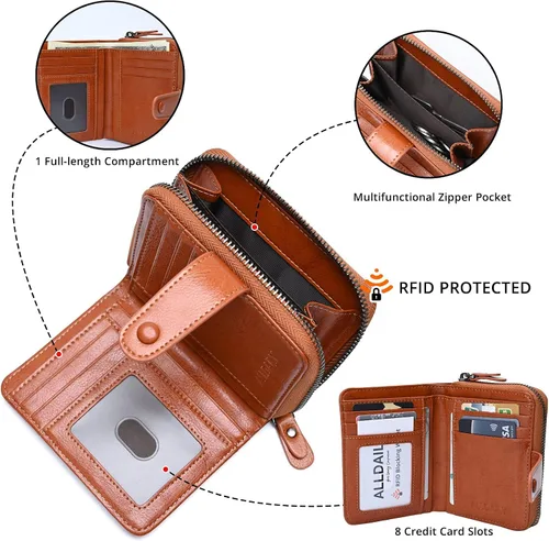 Vista 5 de Billetera pequeña para mujer con bloqueo RFID, cierre de cuero, bolsillo para monedas, tarjetero, con ventana de identificación, Marrón