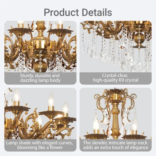 Vista 3 de Moderna Elegante Araña de 6 Luces de Cristal K9 en Bronce Antiguo Iluminación de Techo Colgante Estilo Europeo para Comedor, Sala de Estar