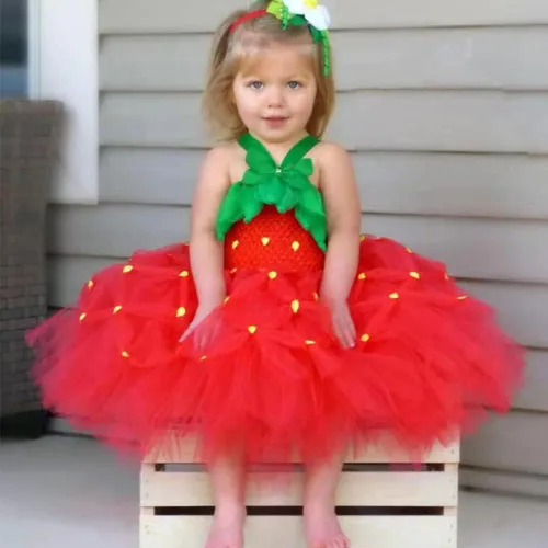 Vista 2 de Quenny Vestidos de fresa de Halloween, vestidos de princesa tutú de malla para niñas.