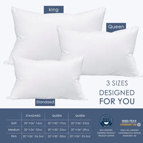Vista 6 de Almohada de plumón 100% blanca canadiense, almohada de lujo para dormir de espalda, estómago y de lado, almohada de cama de 800 rellenos