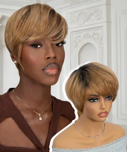 Vista 8 de QUEEN VIRGIN REMY QVR - Peluca de cabello humano con corte Pixie con flequillo, pelucas cortas para mujeres negras, cabello humano de diferentes