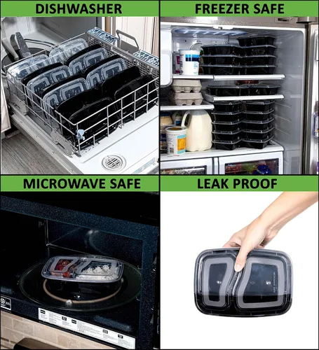 Vista 2 de Contenedor de preparación de comidas, reutilizable, 2 compartimentos con tapas, 28 onzas (25 juegos), recipientes de preparación de alimentos, caja