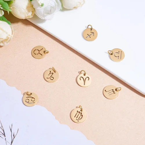 Vista 3 de 24 dijes de acero inoxidable del zodiaco, colgantes planos y redondos, constelaciones, dije de signo del zodiaco, dorado, para joyería, collares