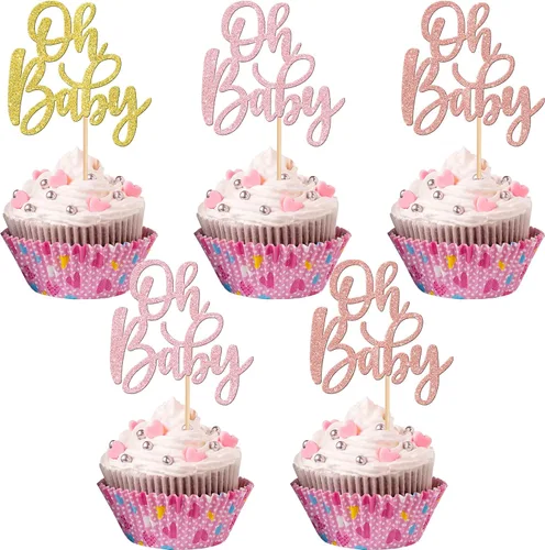 Vista 19 de 24 piezas Oh Baby Cupcake Toppers Glitter Baby Shower Cupcake Picks Reveal Género Decoración de Pasteles para Baby Shower Niños Niñas Fiesta de Azul