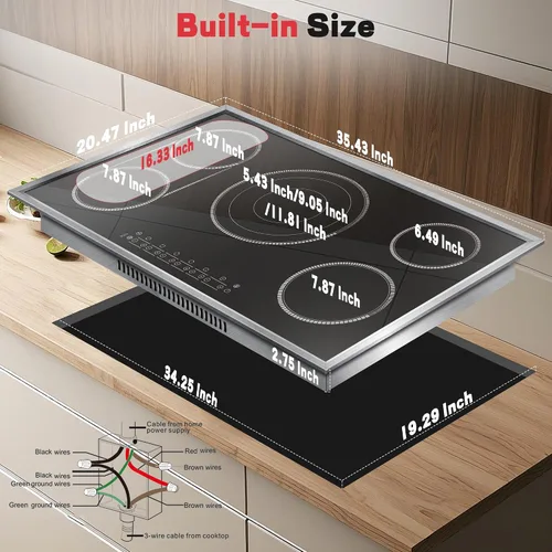 Vista 7 de Placa de cocción eléctrica de 36 pulgadas, control táctil de placa de 5 quemadores, placa de cocción de vitrocerámica de 36" 9600W con BBQ y zona