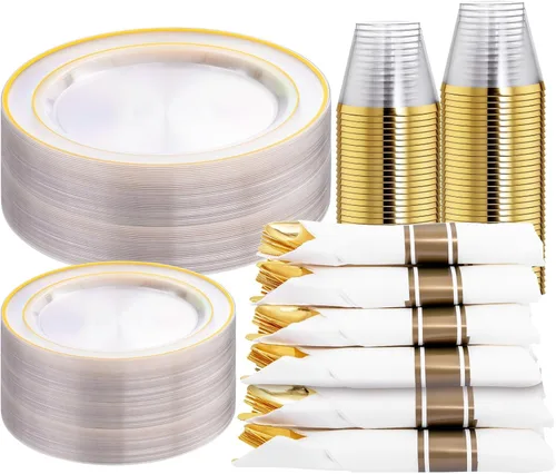 Vista 18 de WELLIFE 210 vajilla de plástico negro con servilletas preenrolladas, incluye: 30 platos llanos, 30 platos de postre, 30 servilletas de papel, 30