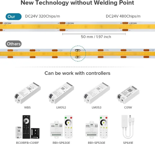 Vista 5 de Tira de luz LED COB de 32.8 pies, flexible, de alta densidad, tiras de mazorca, 24 V, blanco cálido, 2700 K, 320 LEDs/m, CRI 90+, regulable, 0.315