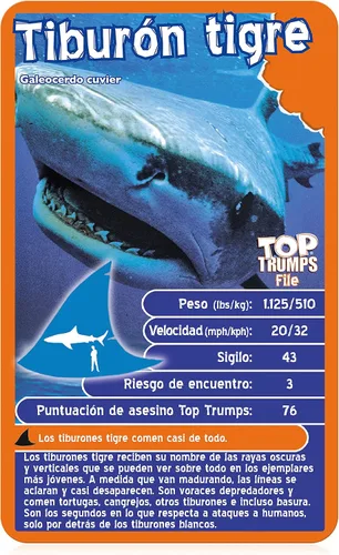 Vista 4 de Top Trumps Juego de cartas Deadliest Predators Edición en español, aprende sobre el gran tiburón blanco, el dragón de Komodo y la Cobra Real en este