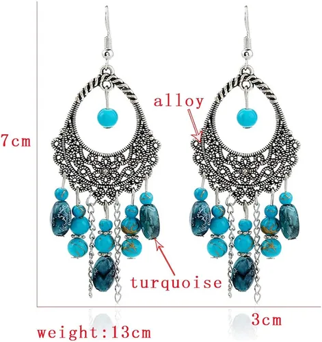 Vista 6 de Juego de 3 piezas de turquesa un collar turquesa un par de aretes de borla con dije de turquesa una pulsera elástica de color turquesa para mujer