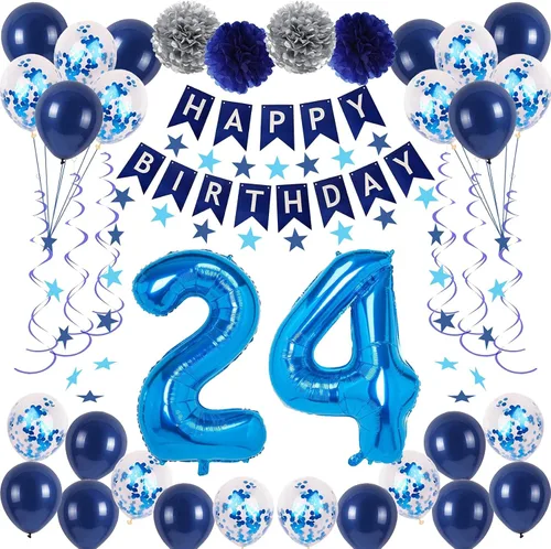 Vista 9 de Decoraciones de fiesta de cumpleaños azul número 29 para hombres y mujeres, suministros de globos de feliz cumpleaños 29 con pancarta de feliz