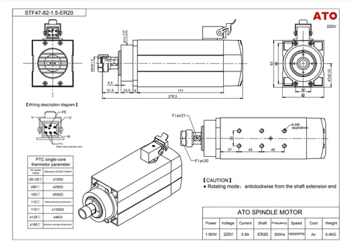 Vista 5 de Motor de husillo CNC ATO 3 fases 380V refrigerado por aire CNC motor de husillo, 1.5kW, 18000rpm 400Hz motor de husillo, para máquina enrutadora CNC