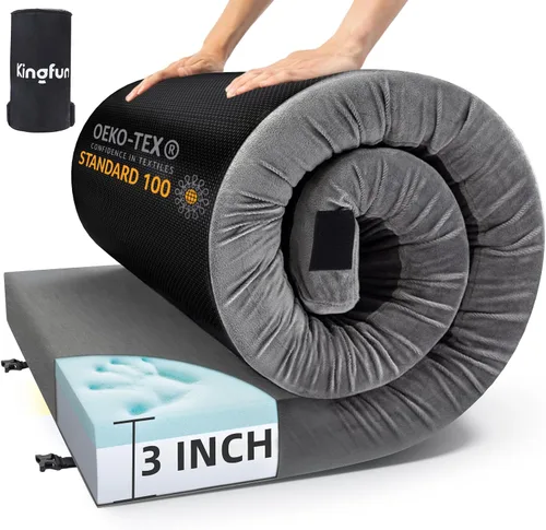 Vista 10 de Kingfun Colchón de espuma viscoelástica CertiPUR-US de 3 pulgadas, impermeable, enrollable, tapete grueso para dormir para tienda de campaña con Azul