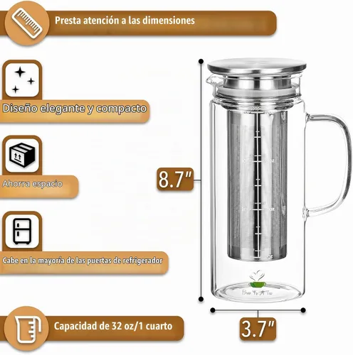 Vista 2 de BTT- Cafetera de café frío, cafetera helada, 1 cuarto de galón, 32 onzas, cafetera de té helado, cafetera fría, jarra de té, accesorios de café
