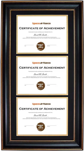 Vista 11 de Marco de tres certificados de 14 x 29 pulgadas con paspartú doble negro sobre dorado para (3) diplomas/grados de 8.5 x 11 pulgadas, ganchos