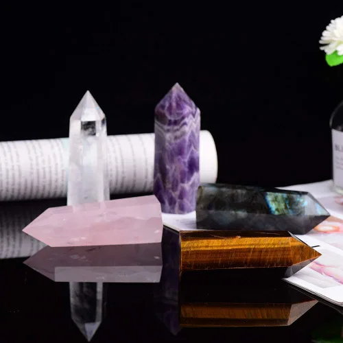 Vista 5 de Runyangshi Varitas de cristal curativo natural, 6 piedras facetadas de chakra de Reiki, varita de prisma facetada de un solo punto de cristal
