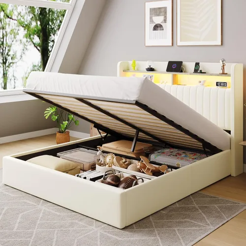 Vista 12 de SHA CERLIN - Estructura de cama de tamaño matrimonial con almacenamiento elevado/Luces LED/Estación de carga/Cabecero con estantes de 2 niveles/USB