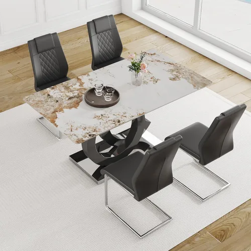 Vista 2 de Ebullient Juego de Mesa de Comedor Moderno para 4, Juego de 5 Piezas de Mesa de Comedor y Sillas para 4, Tablero de Mesa de Mármol PDLB y Base