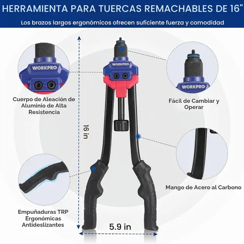 Vista 3 de WORKPRO Nutsert - Herramienta de tuerca remachadora de 16 pulgadas, kit de herramientas de remache con 11 mandriles métricos y SAE, kit surtido