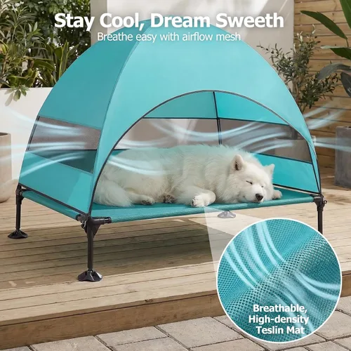 Vista 5 de Cama elevada para perros con toldo a prueba de rayos UV, tienda de campaña para perros al aire libre con potentes pies ajustables, cuna portátil