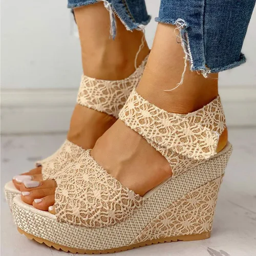 Vista 2 de HOSTINGG Sandalias de cuña para mujer, alpargatas de cuña informales, puntera abierta, con lazo, con cordones