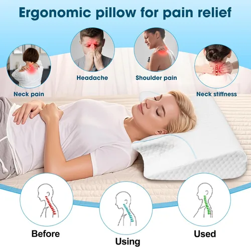 Vista 3 de Almohada cervical de espuma viscoelástica, almohada ergonómica para el cuello para aliviar el dolor de cuello y hombros, almohada de apoyo