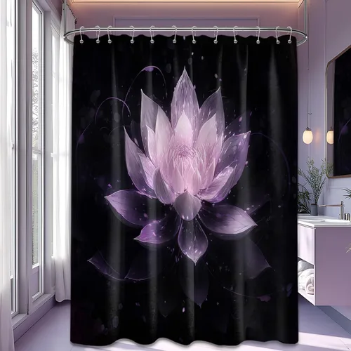 Vista 56 de Cortina de ducha con flores de loto negro y azul para decoración de baño, juego de cortinas decorativas de baño con estampado floral, tela