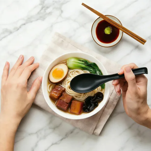 Vista 3 de Kyraton Juego de 24 cucharas de sopa asiática con mango largo fácil de sostener, cuchara japonesa de plástico irrompible para ramen, wonton chino