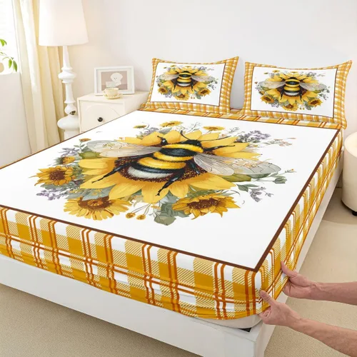 Vista 9 de Erosebridal Honey Bee - Juego de sábanas bajeras negras y doradas, tamaño individual, diseño geométrico de panal de abeja para niños y niñas, funda