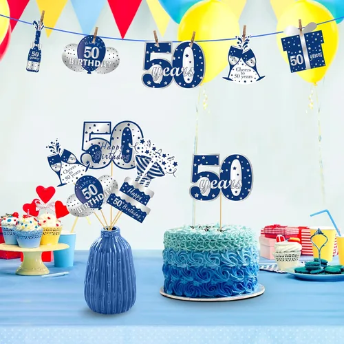 Vista 4 de 24 piezas de decoración de mesa de cumpleaños de 50 años, color azul y plateado, incluye 24 patrones de cartón, palos y puntos adhesivos, perfecto