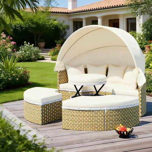 Vista 5 de KEVINSPACE Sofá cama para patio al aire libre con toldo retráctil, cojines lavables, muebles redondos de mimbre para exteriores, sofá modular de 65