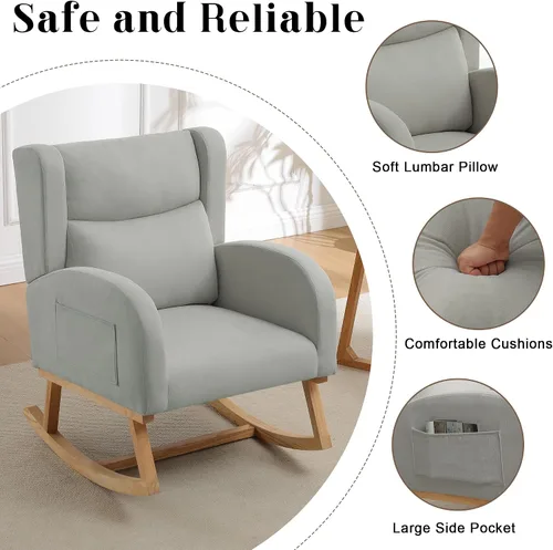 Vista 5 de Mecedoras para guardería, mecedoras tapizadas, mecedoras deslizantes para sala de estar, dormitorio, cómoda silla mecedora de lino con respaldo