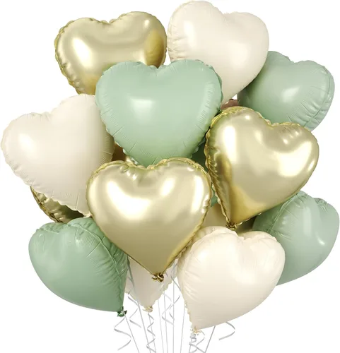 Vista 30 de Globos de corazón azul bebé, 10 piezas de globos en forma de corazón azul claro y blanco pastel, globos de papel de aluminio blanco arena crema