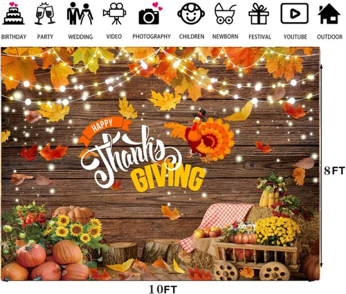 Vista 4 de Telón de fondo de Acción de Gracias de 10 x 8 pies, para otoño, cosecha, calabaza, pavo, para fiesta de otoño, reunión familiar, escuela